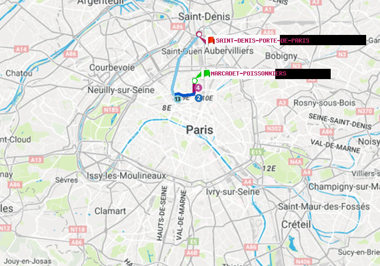 plan itinéraire ratp de Marcadet-Poissonniers à Saint-Denis-Porte de Paris