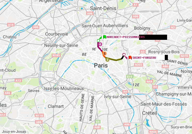 plan itinéraire ratp de Marcadet-Poissonniers à Saint-Fargeau