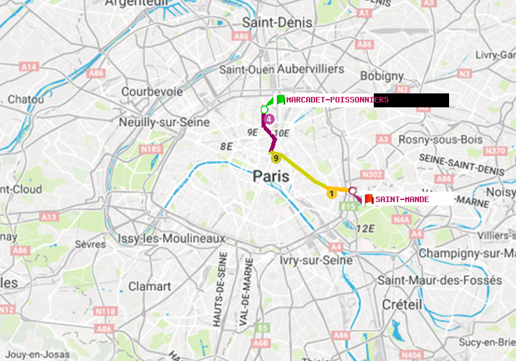 plan itinéraire ratp de Marcadet-Poissonniers à Saint-Mandé