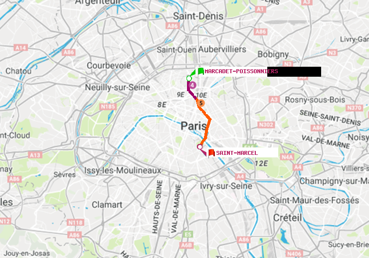 plan itinéraire ratp de Marcadet-Poissonniers à Saint-Marcel