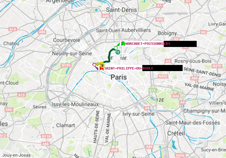 plan itinéraire ratp de Marcadet-Poissonniers à Saint-Philippe du Roule