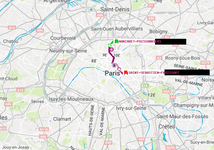 plan itinéraire ratp de Marcadet-Poissonniers à Saint-Sébastien-Froissart