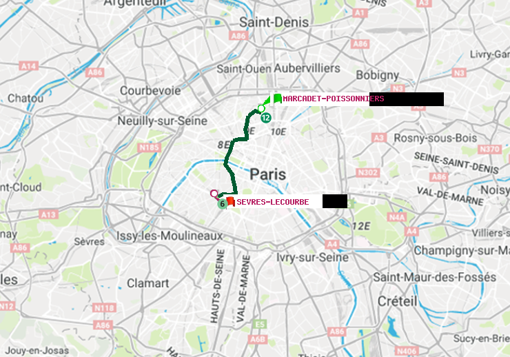 plan itinéraire ratp de Marcadet-Poissonniers à Sèvres-Lecourbe
