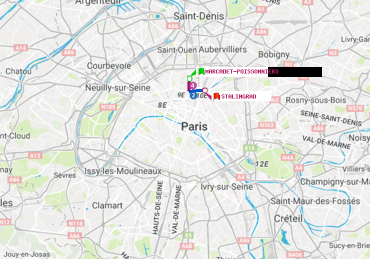 plan itinéraire ratp de Marcadet-Poissonniers à Stalingrad