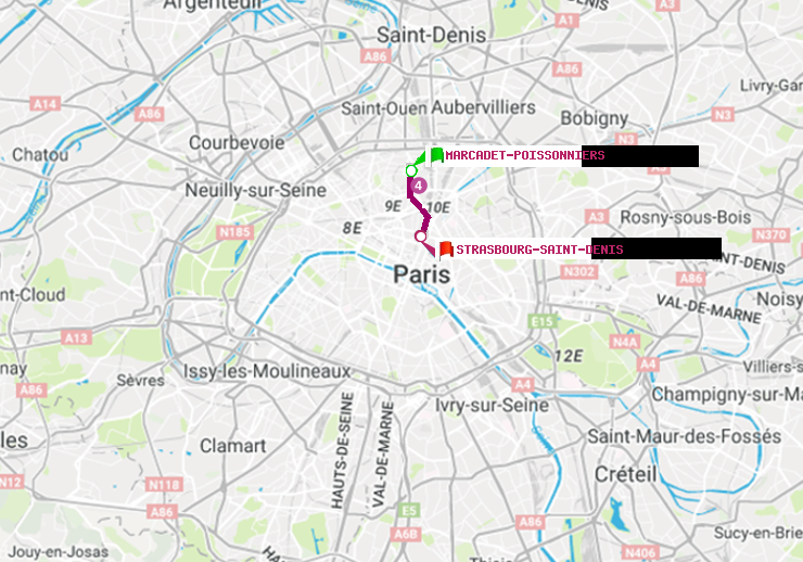 plan itinéraire ratp de Marcadet-Poissonniers à Strasbourg-Saint-Denis