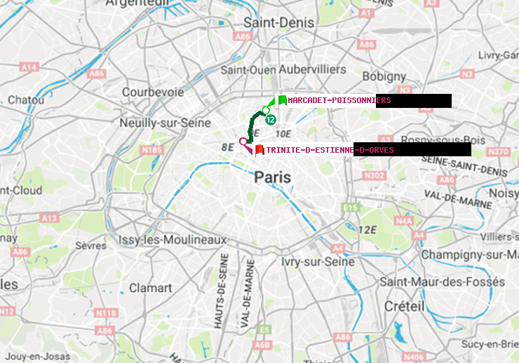 plan itinéraire ratp de Marcadet-Poissonniers à Trinité-d