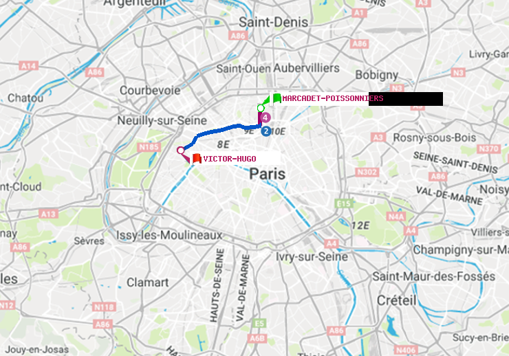 plan itinéraire ratp de Marcadet-Poissonniers à Victor Hugo
