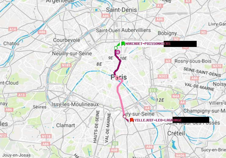 plan itinéraire ratp de Marcadet-Poissonniers à Villejuif-Léo Lagrange