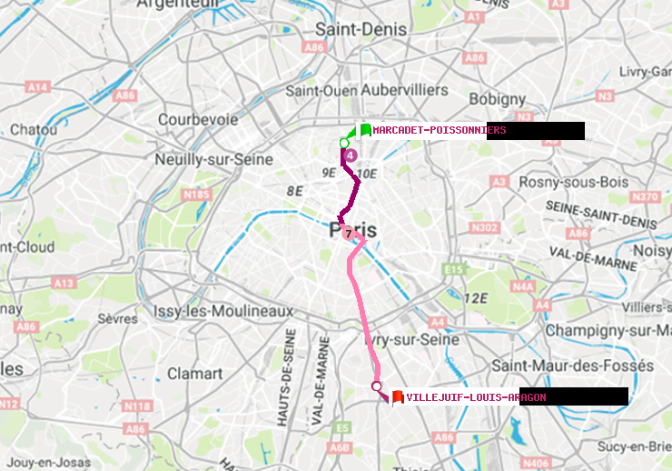 plan itinéraire ratp de Marcadet-Poissonniers à Villejuif-Louis Aragon