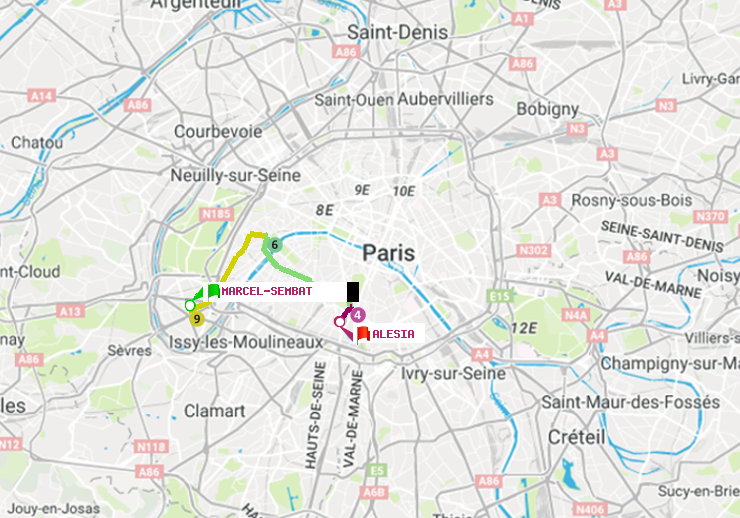 plan itinéraire ratp de Marcel Sembat à Alésia