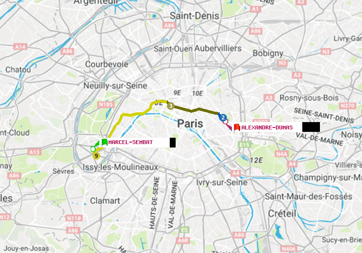 plan itinéraire ratp de Marcel Sembat à Alexandre-Dumas