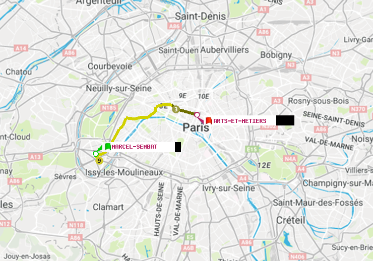 plan itinéraire ratp de Marcel Sembat à Arts-et-Métiers
