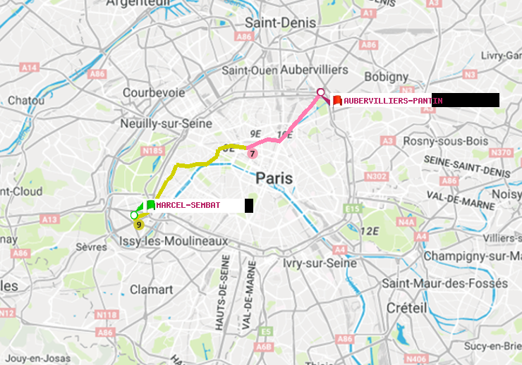 plan itinéraire ratp de Marcel Sembat à Aubervilliers Pantin (4 Chemins)