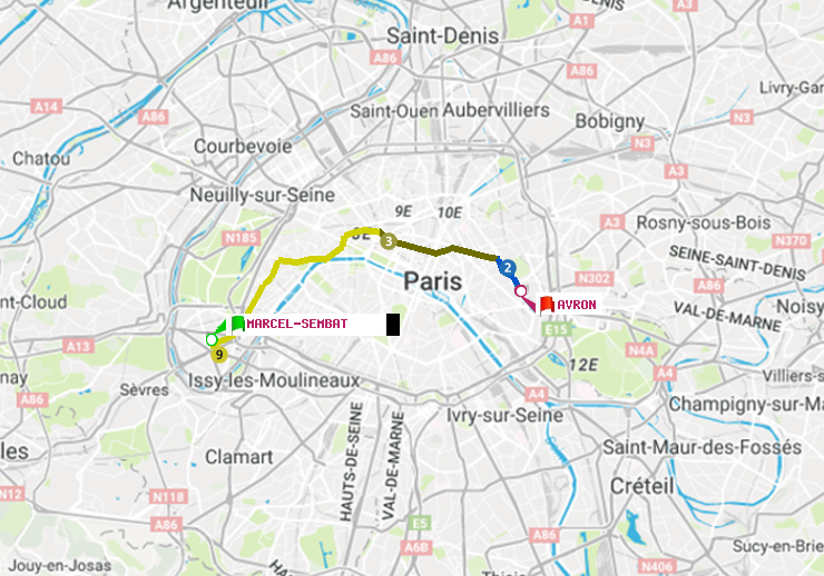 plan itinéraire ratp de Marcel Sembat à Avron