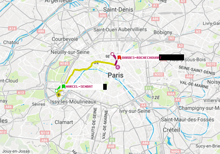 plan itinéraire ratp de Marcel Sembat à Barbès-Rochechouart