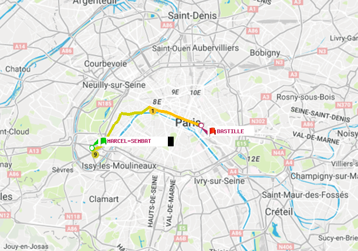 plan itinéraire ratp de Marcel Sembat à Bastille