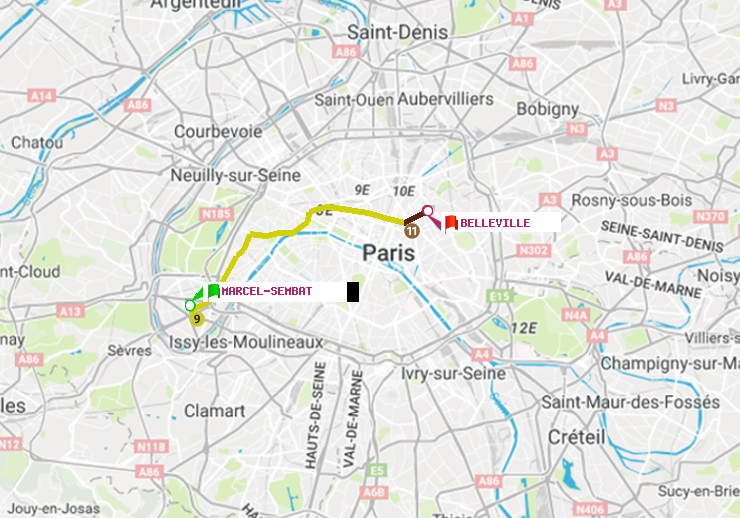 plan itinéraire ratp de Marcel Sembat à Belleville