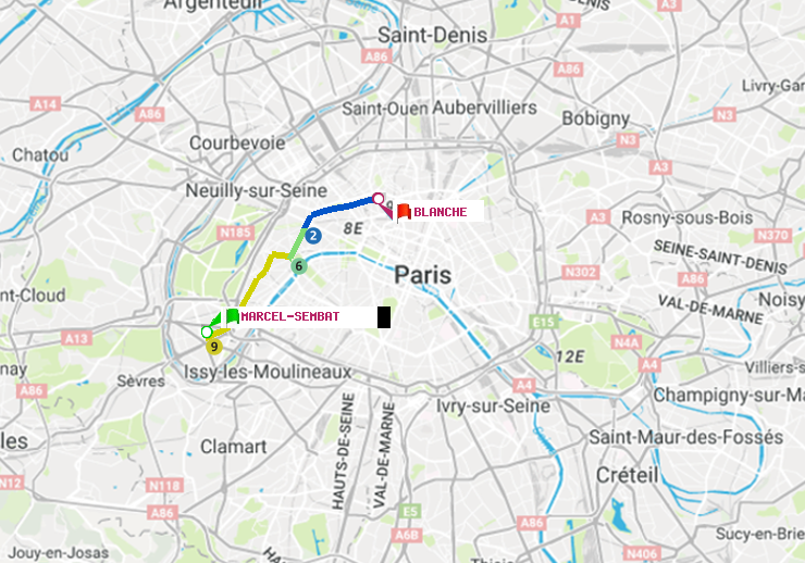plan itinéraire ratp de Marcel Sembat à Blanche