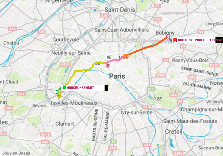 plan itinéraire ratp de Marcel Sembat à Bobigny-Pablo-Picasso