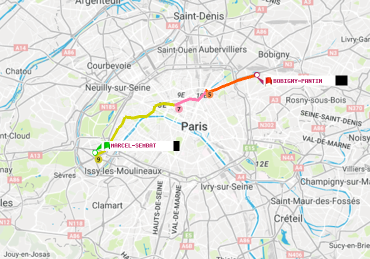 plan itinéraire ratp de Marcel Sembat à Bobigny-Pantin (Raymond Queneau)