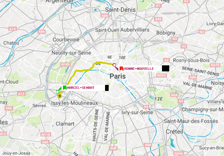 plan itinéraire ratp de Marcel Sembat à Bonne Nouvelle