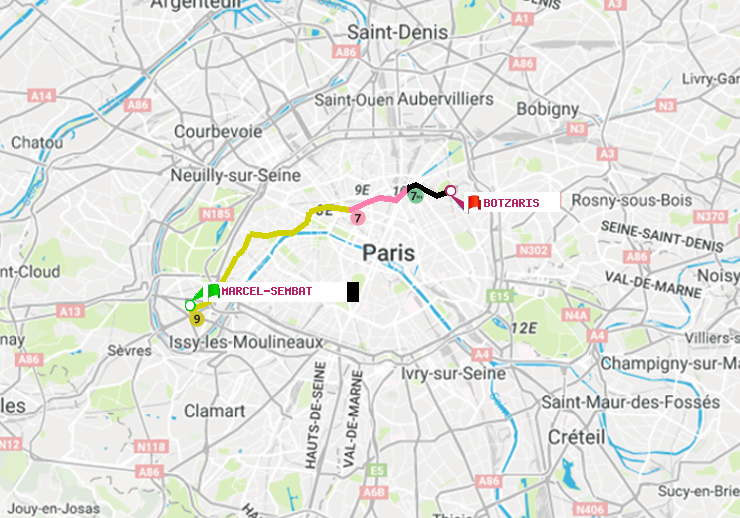 plan itinéraire ratp de Marcel Sembat à Botzaris