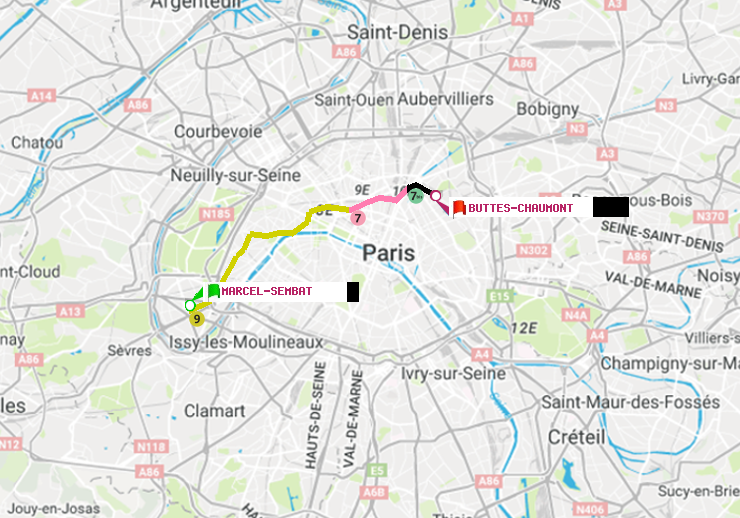 plan itinéraire ratp de Marcel Sembat à Buttes-Chaumont