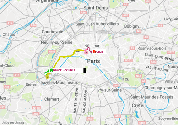 plan itinéraire ratp de Marcel Sembat à Cadet