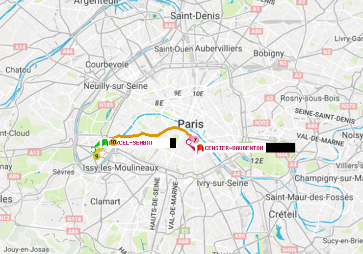plan itinéraire ratp de Marcel Sembat à Censier-Daubenton