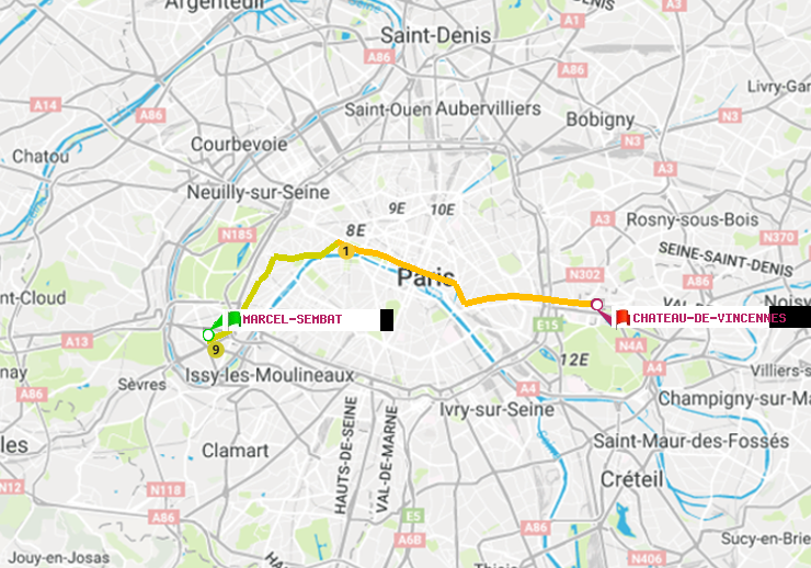 plan itinéraire ratp de Marcel Sembat à Château de Vincennes