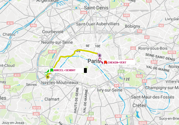 plan itinéraire ratp de Marcel Sembat à Chemin Vert