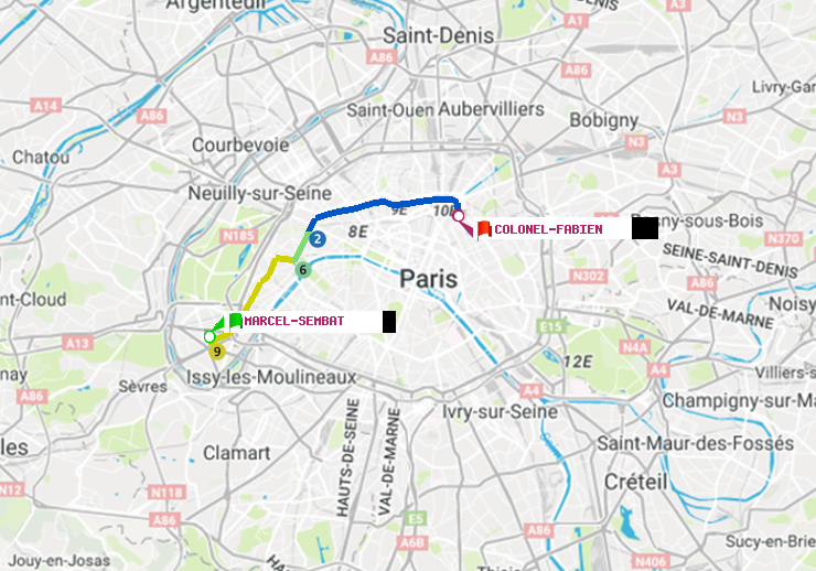 plan itinéraire ratp de Marcel Sembat à Colonel Fabien