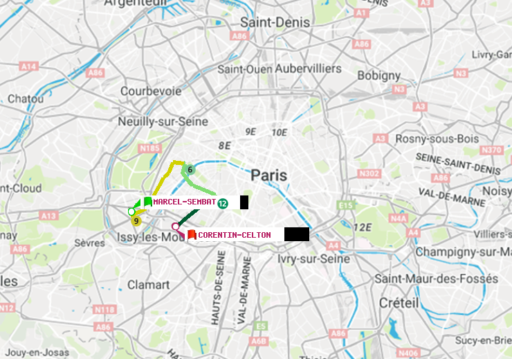 plan itinéraire ratp de Marcel Sembat à Corentin-Celton
