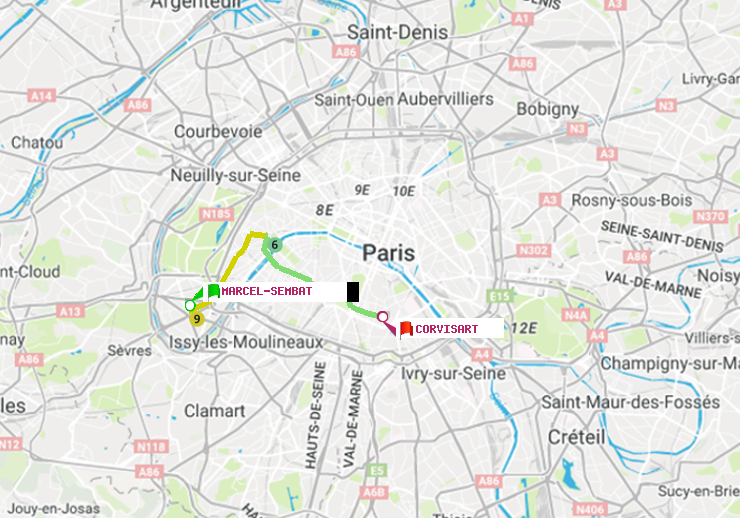 plan itinéraire ratp de Marcel Sembat à Corvisart