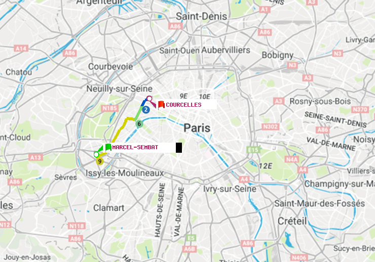 plan itinéraire ratp de Marcel Sembat à Courcelles