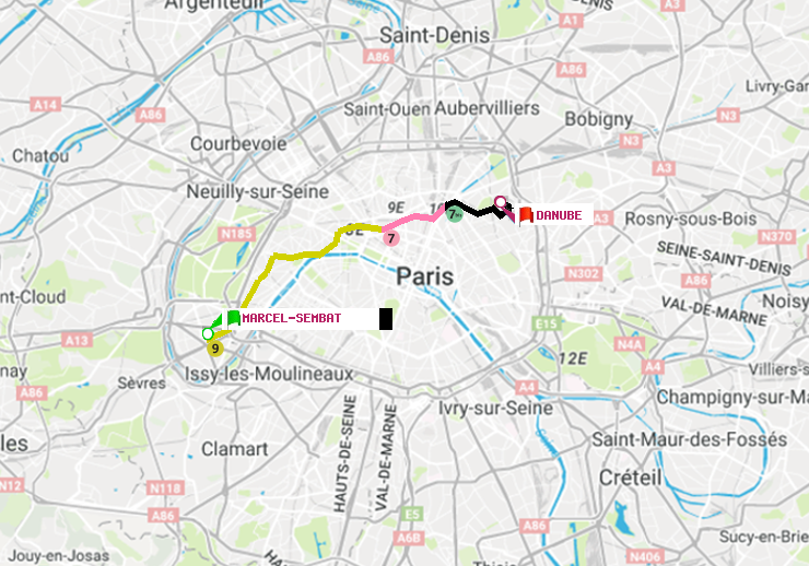 plan itinéraire ratp de Marcel Sembat à Danube