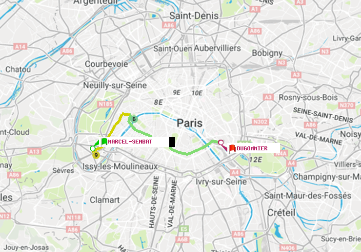 plan itinéraire ratp de Marcel Sembat à Dugommier