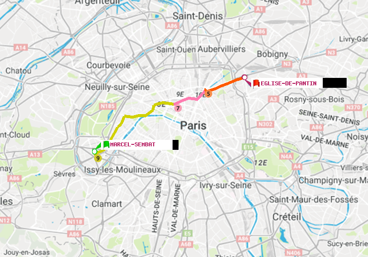 plan itinéraire ratp de Marcel Sembat à Eglise de Pantin