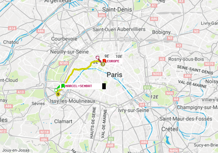 plan itinéraire ratp de Marcel Sembat à Europe