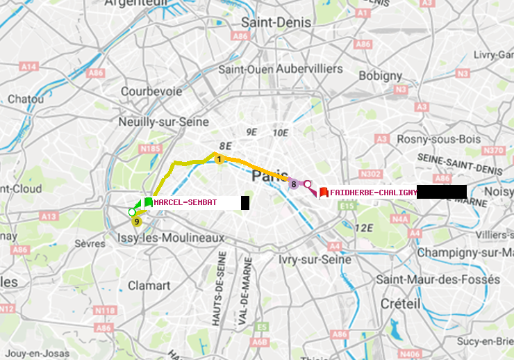 plan itinéraire ratp de Marcel Sembat à Faidherbe-Chaligny