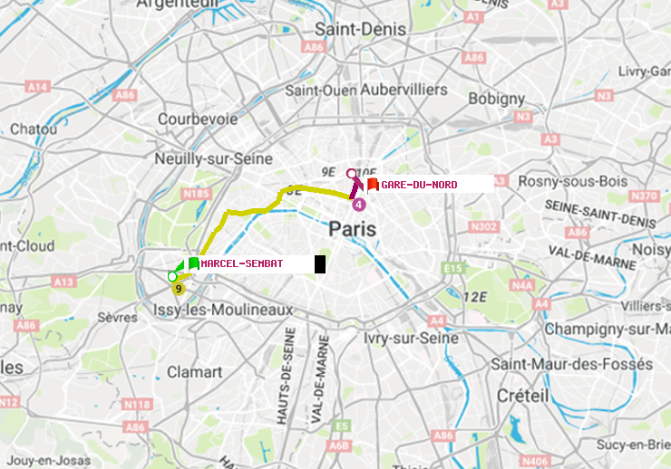 plan itinéraire ratp de Marcel Sembat à Gare du Nord