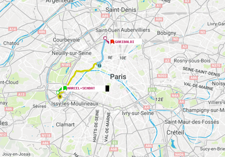 plan itinéraire ratp de Marcel Sembat à Garibaldi