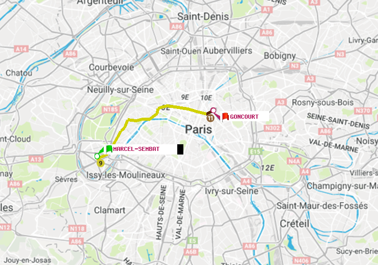 plan itinéraire ratp de Marcel Sembat à Goncourt (Hôpital Saint-Louis)
