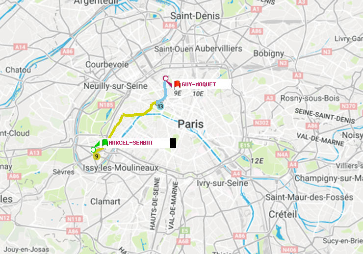 plan itinéraire ratp de Marcel Sembat à Guy-Môquet