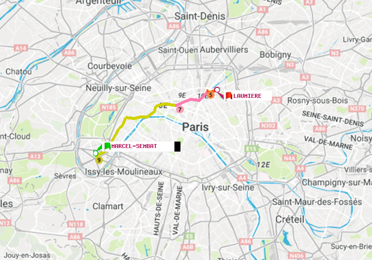 plan itinéraire ratp de Marcel Sembat à Laumière