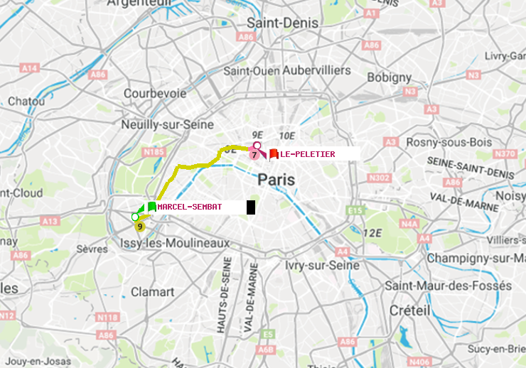 plan itinéraire ratp de Marcel Sembat à Le Peletier