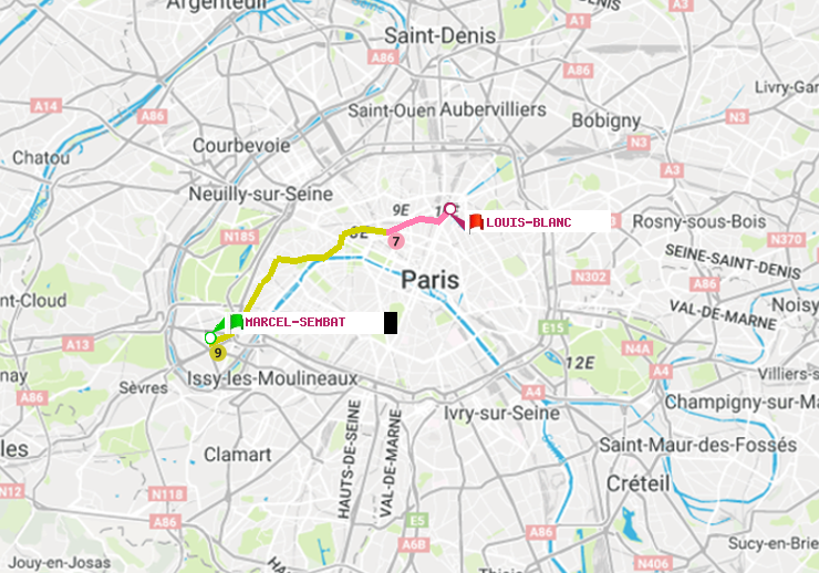 plan itinéraire ratp de Marcel Sembat à Louis Blanc
