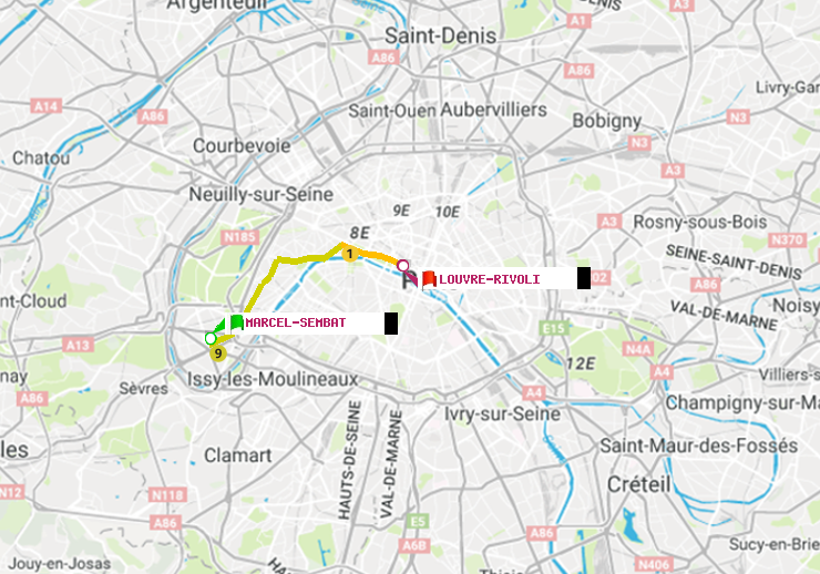 plan itinéraire ratp de Marcel Sembat à Louvre-Rivoli