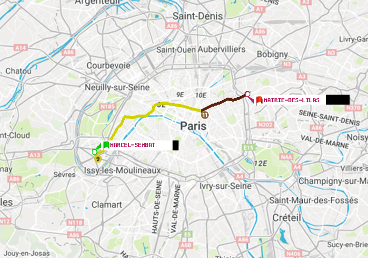 plan itinéraire ratp de Marcel Sembat à Mairie des Lilas