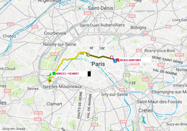 plan itinéraire ratp de Marcel Sembat à Ménilmontant